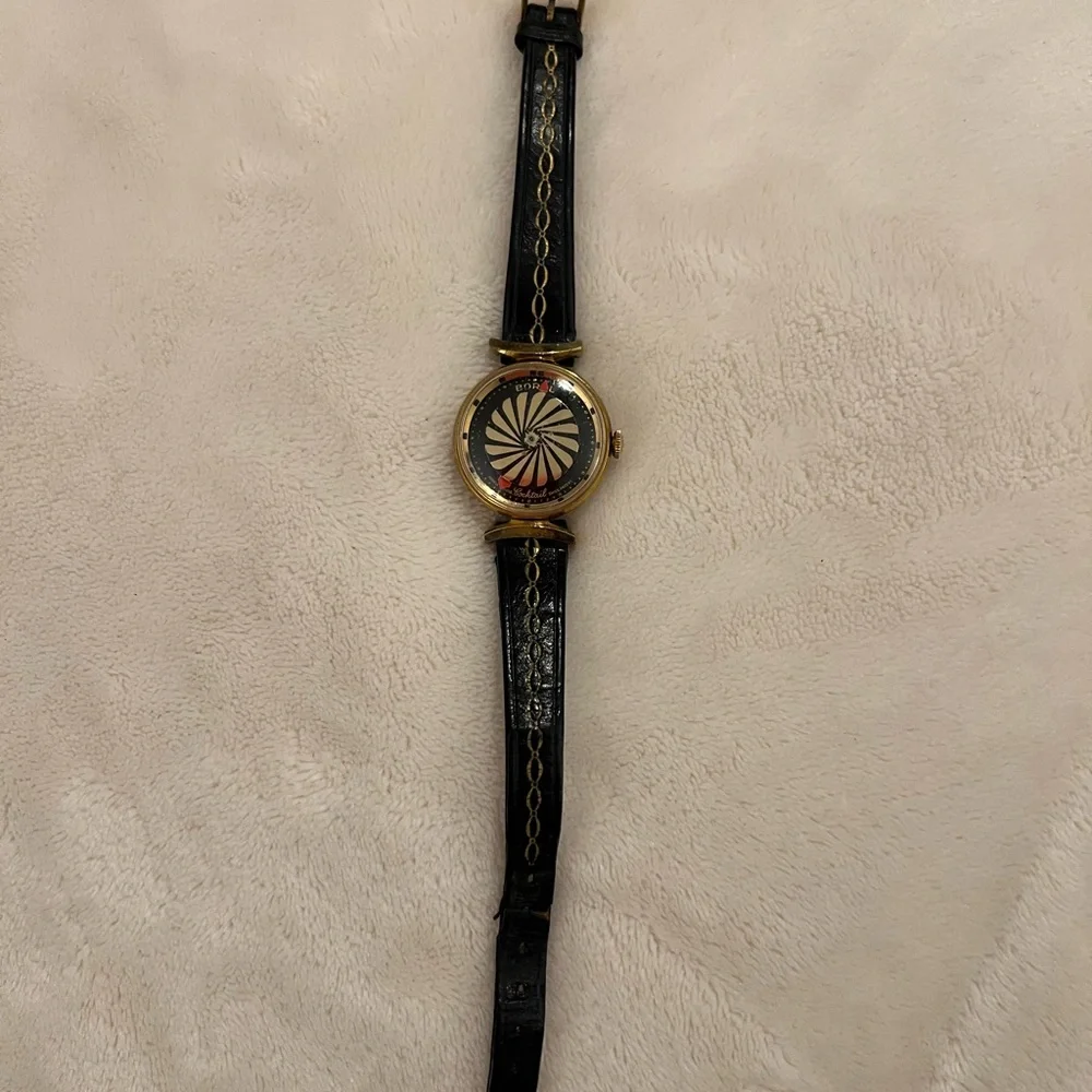 🩷 Ernest Borel 26 Gold-Plated 17🩷 Jewel Kaleidoscope Watch w/ Black Leather Band